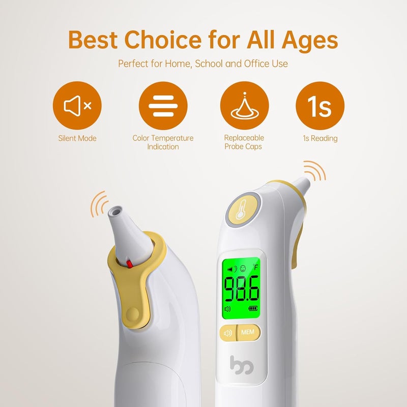 Femometer Ear Thermometer, Highly Accurate Ear Thermometer for Kids, Adults and Babies, 30 Memory Recall, 1s Result and 3-Color Fever Alert, with 24 Disposable Probe Covers, Yellow - Image 4